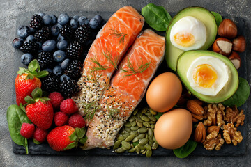 Fresh Healthy Food Spread with Salmon, Berries, Eggs, and Nuts
