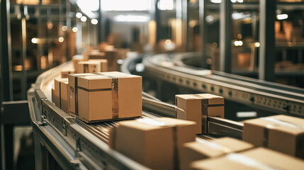 Cardboard boxes are being transported on a conveyor belt in a modern warehouse, highlighting the organized logistics and efficiency of the packaging and shipping process in a busy environment