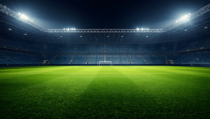 An empty stadium at night with bright floodlights illuminating the green playing field.