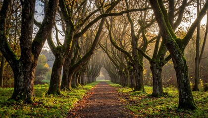 Sunlight streams through an autumnal tree tunnel
