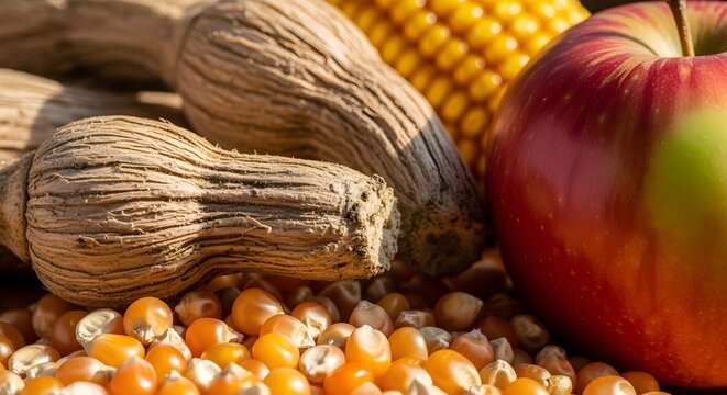Close-up of pumpkin stems, corn kernels, and apple skin textures together.