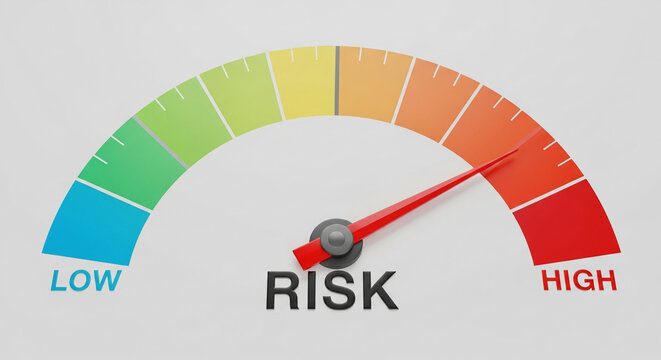 Color-coded risk meter showing high risk level, red pointer indicating a serious threat, useful for security, finance, or business concepts