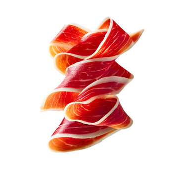 Slices of jambon de Bayonne mid-air with fat marbling and thin folds gently twisting