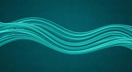 Abstract teal waves on binary code background, suggesting digital flow, technology, data stream, or network concept