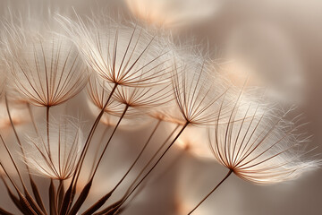 Obraz premium Dandelion Delicate Seeds on Soft Beige Background, Macro View