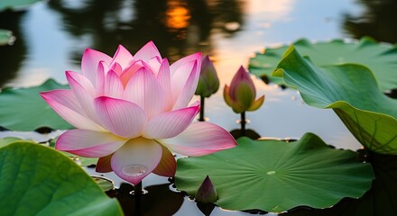 Pink Lotus Flower Blooming in Pond.