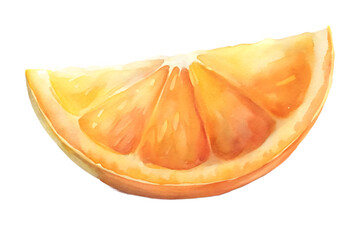 Watercolor painting isolated on transparent background of a vibrant orange slice, showcasing its juicy segments and textured peel with delicate brushstrokes and warm hues