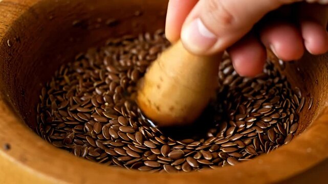 Man grinding brown flax seeds in wooden mortar with pestle for healthy food preparation footage.