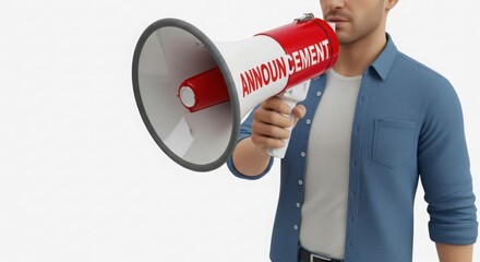 Man holding a megaphone announcing important news to a large crowd