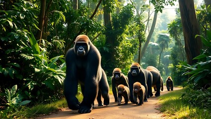 Gorilla family walking on a dirt path through a lush green forest with tall trees and dense foliage