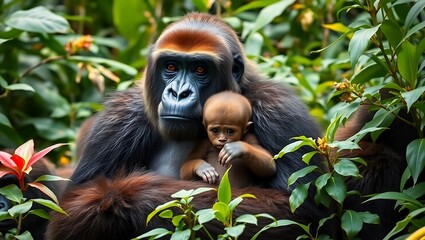 A gorilla mother cradling her baby in a lush green forest environment with vibrant leaves around them
