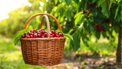 Basket of ripe cherries hanging in orchard