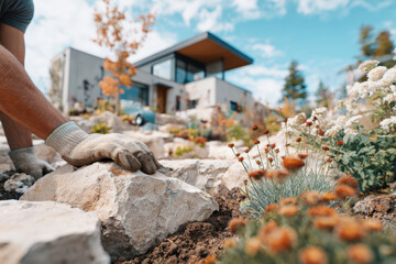 Fototapeta premium A person is placing stones carefully in a garden bed while working on landscaping