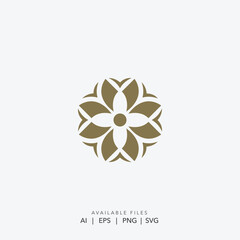 Fototapeta premium Minimalist golden flower logo for elegant health and wellness brand, Modern simple geometric floral symbol for luxury spa or beauty business, Sophisticated abstract flower emblem for professional corp