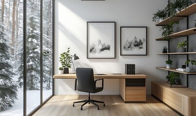 A modern home office with winter forest view, minimalist decor, and natural light