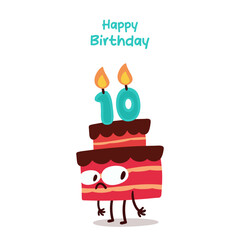 Cute cartoon birthday cake character with number 10 candles. Vector illustration isolated on white background.