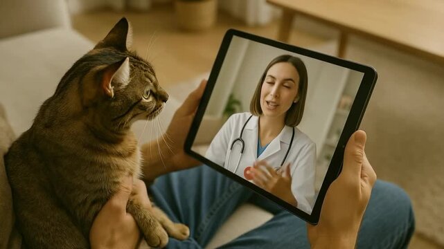 Virtual vet consultation for pets home setting digital health cozy environment close-up view pet care concept