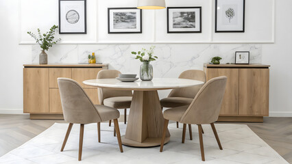 Elegant modern dining room with round marble table and plush upholstered chairs