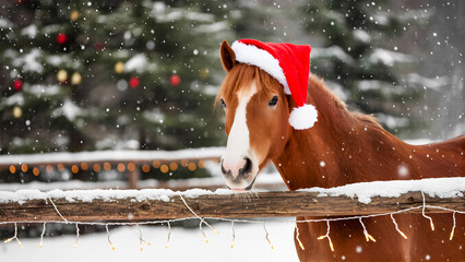 A cute red horse wearing a Santa hat against a winter snowfall. Christmas holidays and animals.