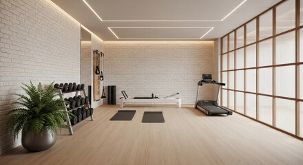 Fototapeta premium Modern home gym with dumbbells, treadmill, and yoga mats
