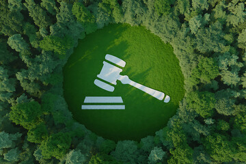 Justice symbol gavel and sounding block over lush green nature background abstract