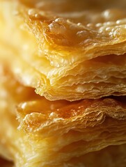 Layers of golden flaky pastry showcase texture and color in a close-up, emphasizing the art of baking and the appeal of fresh desserts on a rustic table