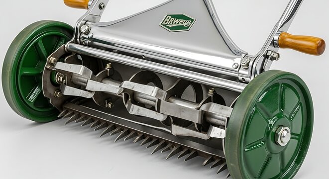 Manual Push Along Lawn Scarifier on White Background.