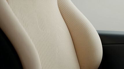 Close-up of an upholstered car seat showcasing its texture and design. The seat's fabric features a ribbed pattern in a soft, neutral tone.