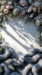 A cozy winter holiday background featuring snow-dusted fir branches, pinecones, and a soft, plush gray garland framing a bright center with long shadows. Perfect for Christmas or New Year's greetings 