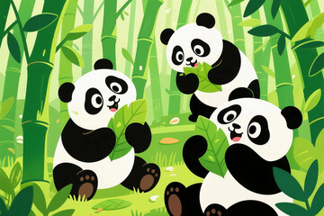 Fototapeta premium Cute Cartoon Pandas Eating Bamboo in Green Forest