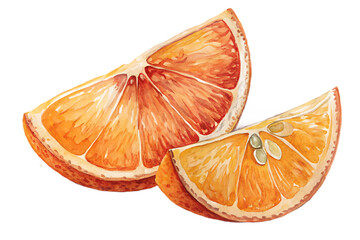 Watercolor painting isolated on transparent background of two orange slices, displaying their juicy pulp, textured rind, and vibrant colors with artistic brushstrokes and detail