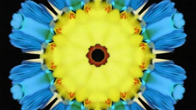 Blue and yellow flower with black background and blue and yellow flower. Kaleidoscope VJ loop Vertical