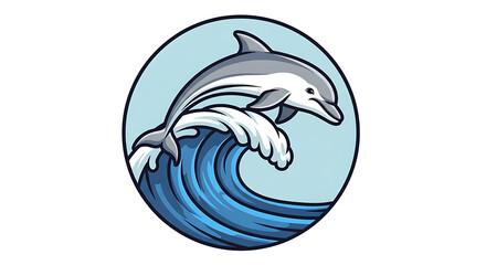 Playful dolphin leaping from a cresting ocean wave in a circular emblem.