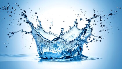 Dynamic splash of clear water against a bright blue gradient background, showing motion and liquid texture