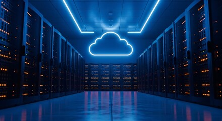 Cloud Computing Secure Data Center with Illuminated Cloud Icon Showcasing Technology