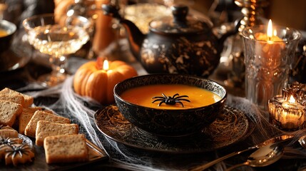Naklejka premium Elegant Halloween dinner party with pumpkin soup and candlelight creates a spooky yet sophisticated atmosphere for festive celebration