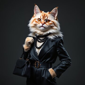 Graceful Persian Cat dressed in luxurious black stylish suit with handbag and necklace. Black Friday sale concept. Fashion portrait of anthropomorphic creative animal in elegant pose wearing clothes