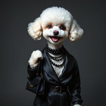 Graceful White Toy Mini Poodle Dog dressed in black stylish suit with handbag and necklace Black Friday sale concept Fashion portrait of anthropomorphic creative animal in elegant pose wearing clothes