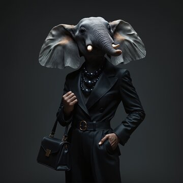 Graceful Elephant dressed in luxurious black stylish suit with handbag and necklace. Black Friday sale concept. Fashion portrait of anthropomorphic creative animal in elegant pose wearing clothes