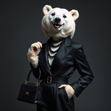 Graceful White Bear dressed in luxurious black stylish suit with handbag and necklace. Black Friday sale concept. Fashion portrait of anthropomorphic creative animal in elegant pose wearing clothes