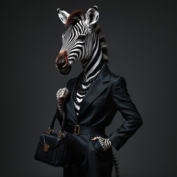 Graceful Zebra dressed in luxurious black stylish suit with handbag and necklace. Black Friday sale concept. Fashion portrait of anthropomorphic creative animal in elegant pose wearing clothes