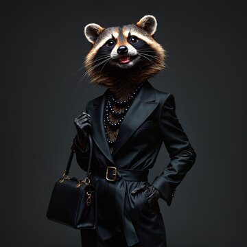 Graceful Raccoon dressed in luxurious black stylish suit with handbag and necklace. Black Friday sale concept. Fashion portrait of anthropomorphic creative animal in elegant pose wearing clothes