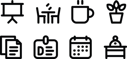 Collection of Office Themed Icons Displaying Common Workplace Objects and Activities Represented in Simple Black and White Line Art Style