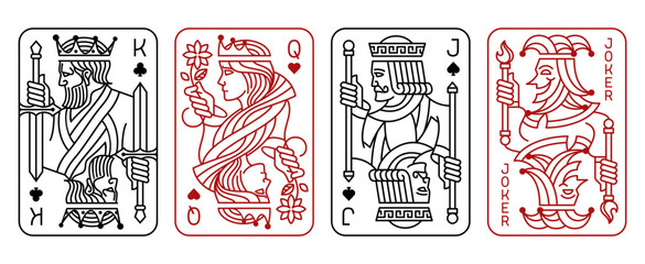 set of King, Queen, Jack, and Joker playing card vector illustration set of hearts, Spade, Diamond and Club, Royal cards design collection