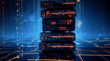 Futuristic data center with illuminated server racks, showcasing advanced technology in a digital landscape - Powered by Adobe