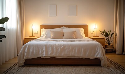 Warm inviting bedroom with cozy bedding, natural light, and wood accents