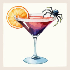 Spooky Halloween Cocktail with Spiders and Orange Slice Garnish