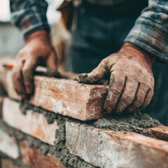 Skilled worker's hands laying a red brick wall with mortar at a construction site