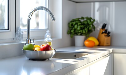 Modern Kitchen Still Life with Fruit Bowl and Bright Natural Light