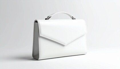 White clutch purse with triangular flap and metallic clasp&mdash;minimalist elegance with wrist strap detail.